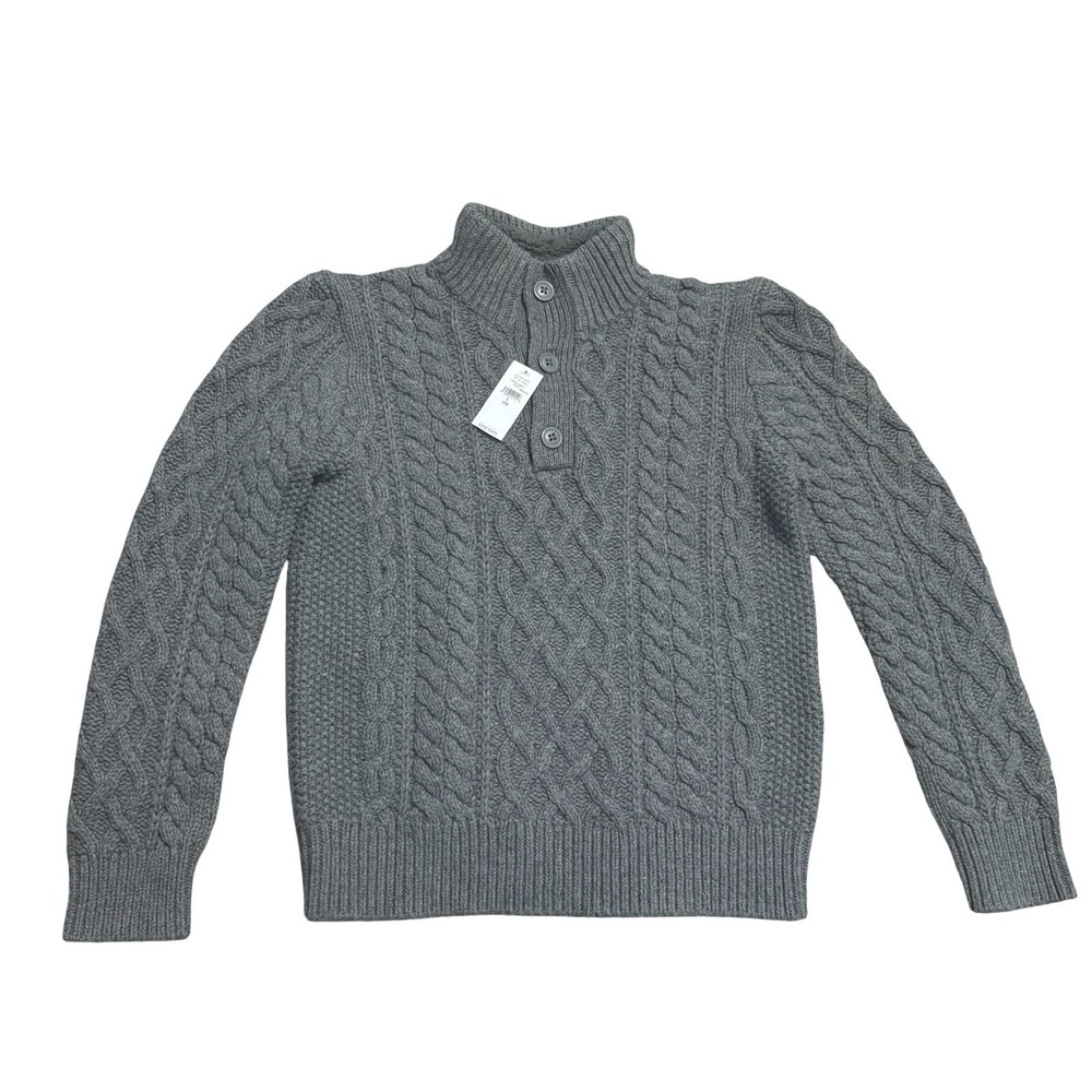 Gap Kid Cable Knit Sweater Boys Large (10)Gray Fleece Lined Mock Neck Wool Blend